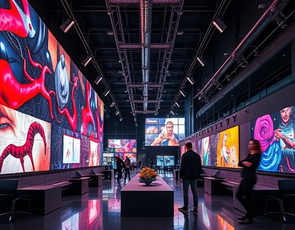 avant-garde marketing insights, pioneering, innovating processes, photorealistic, creative hub with dynamic layouts, highly detailed, art installations and screens, abstract visuals, bold contrasts, ceiling lights, shot with a 14mm lens.