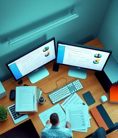 efficient social media strategy, organized, compiling reports, photorealistic, organized desk with dual monitors, highly detailed, reports neatly arranged, bird's eye view, neutral earthy tones, cool fluorescent light, shot with a telephoto lens