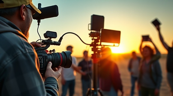 engaging social media content, excited, filming with a camera, photorealistic, outdoor setting with a diverse team, highly detailed, equipment set up, over-the-shoulder perspective, vivid and contrasting colors, golden hour lighting, shot with an ultra-wide lens