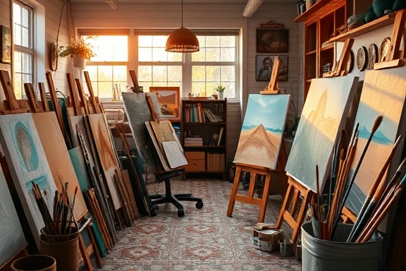 creative content creation, inspired, sketching ideas, photorealistic, in a cozy studio filled with art supplies, highly detailed, with dynamic canvases and brushes, f/3.5 aperture, warm earth tones, golden hour lighting, shot with a 24mm lens.