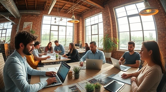 innovative seo solutions, problem-solving, optimizing performance, photorealistic, in a bustling coworking space with diverse teams, highly detailed, real-time collaboration, textured quality, warm earth tones, sunlight streaming through large windows, shot with a fisheye lens