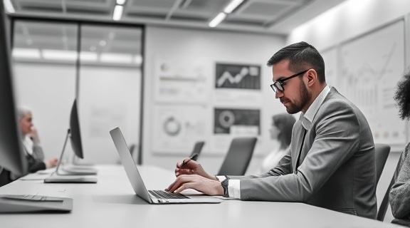 strategic content outreach, determined, sending emails, photorealistic, in a minimalist office space with sleek tech devices, highly detailed, featuring moving text messages and digital charts, ISO 400, monochromatic palette, soft ambient lighting, shot with a 28mm lens.