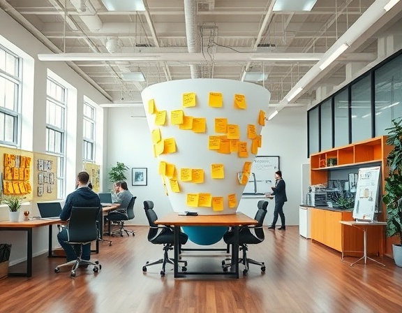 innovative lead funnel, creative, developing conversion strategies, photorealistic, spacious open-office plan with brainstorming areas, highly detailed, sticky notes on walls, crystal clear clarity, bold colors, overhead fluorescent lighting, shot with a 28mm lens.