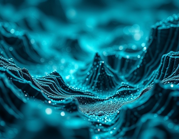 dynamic optimization expertise, concentrated, crafting strategies, photorealistic, amidst a digital landscape with abstract data visualizations, highly detailed, evolving algorithms, precise resolution, silver and turquoise tones, backlit by screen glow, shot with a macro lens