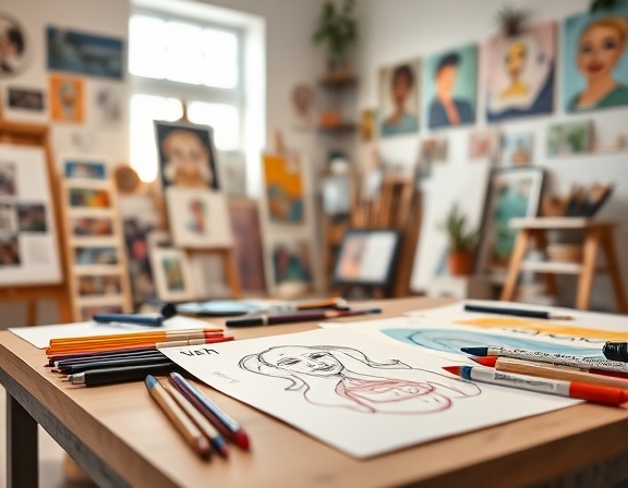 creative social media content, joyful, sketching visuals, photorealistic, art studio with mood boards, highly detailed, colorful sketches on tables, perspective shot, pastel and vibrant hues, diffused lighting, shot with a macro lens