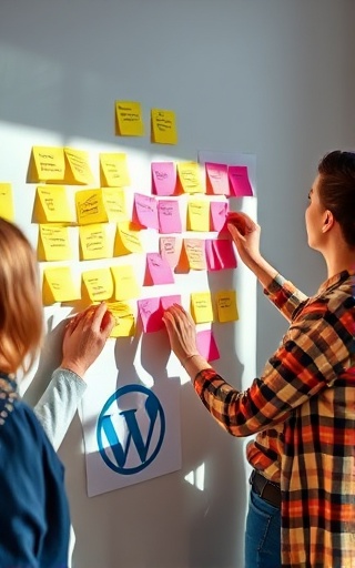 inspiring social media planning, delighted, pinning notes on a wall, photorealistic, creative workspace with colorful sticky notes, highly detailed, diverse team collaboration, medium shot, bright and lively colors, natural afternoon light, shot with a prime lens
