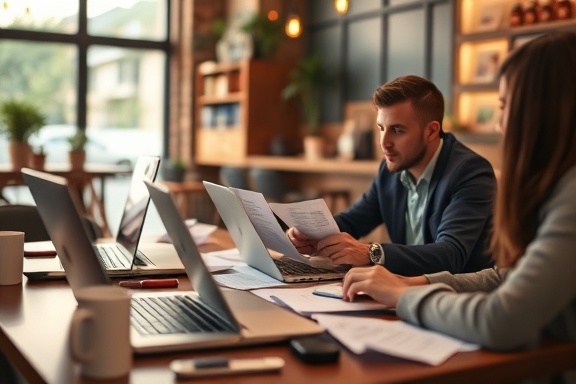 effective social media planning, enthusiastic, brainstorming ideas, photorealistic, cozy coffee shop with laptops open, highly detailed, papers scattered around, close-up shot, warm and inviting colors, soft ambient lighting, shot with a 50mm lens