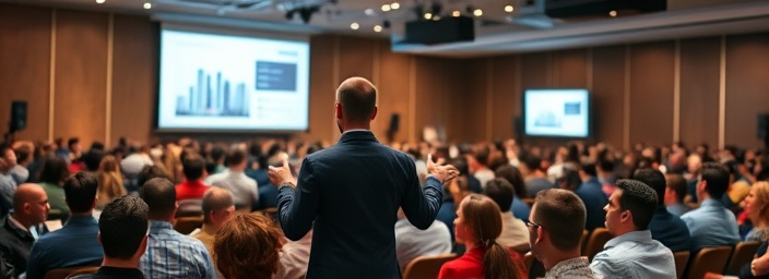 dynamic social media marketing, confident, presenting to a crowd, photorealistic, conference room filled with people, highly detailed, presentation slides in background, panoramic view, diverse color palette, spotlight, shot with a zoom lens
