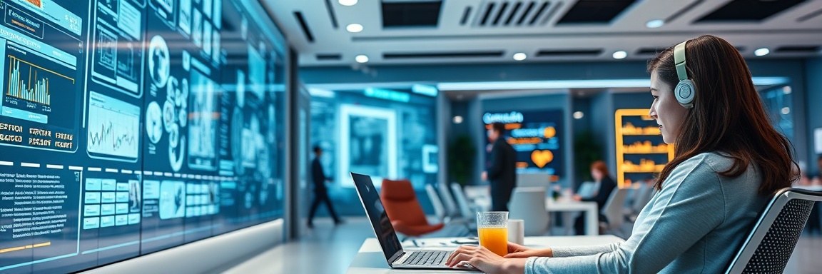 cutting-edge online marketing, innovative, applying techniques, photorealistic, futuristic co-working space with digital walls, highly detailed, synchronized devices, sleek lines, bright white, adaptive ambient lighting, shot with a 20mm lens.