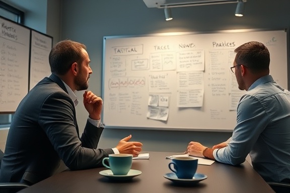 tactical lead strategy, thoughtful, analyzing market trends, photorealistic, collaborative workspace with whiteboards filled with notes, highly detailed, coffee cups on the table, ultra HD quality, muted colors, soft ambient lighting, shot with a 50mm lens.