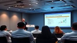 strategic marketing identity, engaged, presenting, photorealistic, conference room with projection screen and graphs, highly detailed, professional atmosphere, 70mm, cool tones, soft lighting, shot with a Fujifilm X-T4 lens.