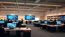 versatile agency branding, curious, exploring, photorealistic, open-plan office with interactive displays and workstations, highly detailed, dynamic interaction, 24mm, rich, diffused lighting, shot with a Leica SL2-S lens.