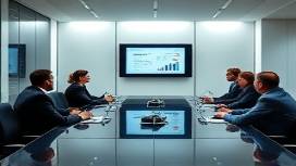 impactful marketing profile, poised, leading, photorealistic, sleek boardroom with digital devices and charts, highly detailed, authoritative presence, 100mm, minimalistic, spotlight lighting, shot with a Panasonic Lumix GH5 lens.