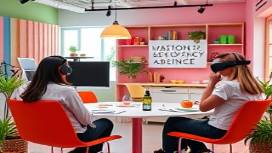 innovative agency profile, enthusiastic, collaborating, photorealistic, vibrant studio with colorful decor and virtual reality setups, highly detailed, flux of creative ideas, 50mm, pastel, studio lighting, shot with a Canon EOS R5 lens.