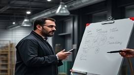 strategic profile branding, analytical, discussing, photorealistic, industrial workspace with whiteboards and clipboards, highly detailed, focus on details, 90mm, monochrome, spotlight lighting, shot with a Nikon Z7 II lens.