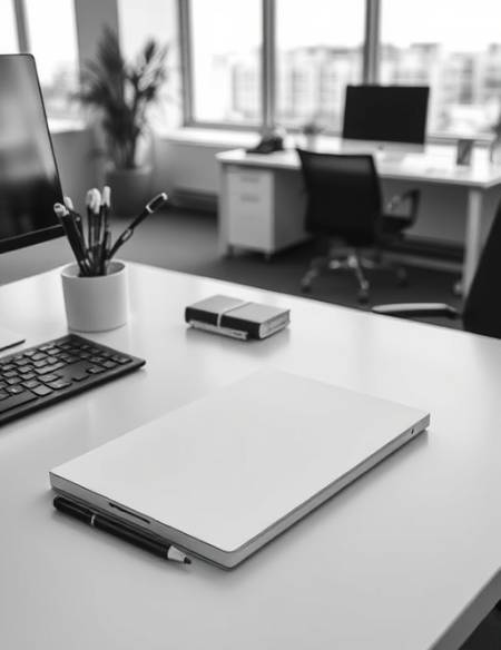 minimalist design mockups, clean and sophisticated, laying out on a desk, photorealistic, modern office environment with sleek furniture, highly detailed, smooth textures, full HD quality, monochrome with a pop of color, natural lighting, shot with a 35mm lens