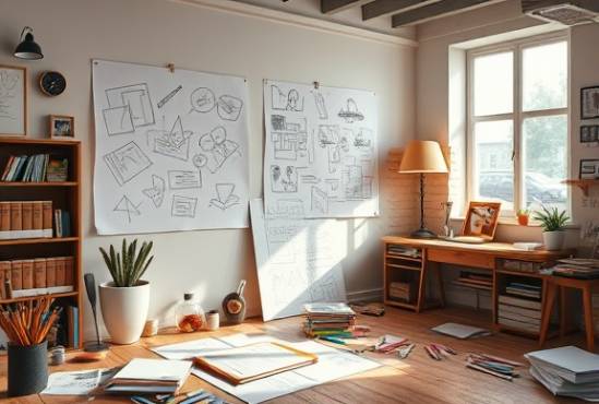 creative design templates, inspirational, developing new projects, photorealistic, artistic studio with sketches pinned on the wall, highly detailed, colorful stationery scattered around, 8K resolution, vibrant tones, directional lighting from a window, shot with a 50mm lens
