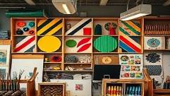 dynamic design creativity, experimental, pushing creative boundaries, photorealistic, bustling creative workshop with artists at work, highly detailed, eclectic mix of art supplies and media, 12MP quality, kaleidoscope of colors, soft-focused studio lights, shot with a 28mm lens