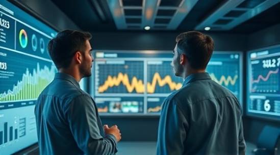 modern digital overview, engrossed, reviewing trends, photorealistic, sleek conference room with smart boards, highly detailed, interactive charts and graphs, sharp elements, muted tones, overhead lighting, shot with a 24mm lens.