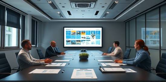 comprehensive marketing strategy, organized, planning presentation, photorealistic, corporate boardroom with digital projectors, highly detailed, papers and digital pads on table, complex compositions, neutral colors, diffused lighting, shot with a 70mm lens.