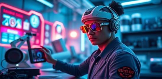 edgy digital marketing, curious, exploring possibilities, photorealistic, high-tech lab with cutting-edge gadgets, highly detailed, holographic displays in the air, futuristic designs, neon hues, backlit glow, shot with a 16mm lens.