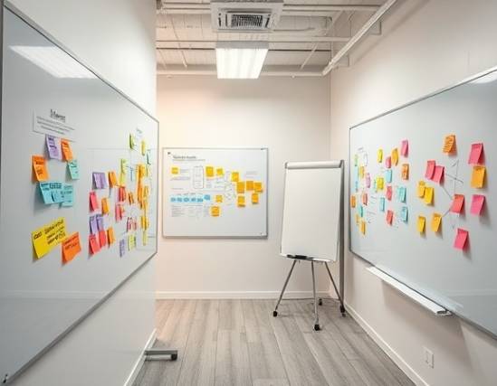 bright digital overview, creative, developing ideas, photorealistic, open space office with whiteboards, highly detailed, brainstorming post-its, varied angles, pastel colors, even fluorescent lighting, shot with a 28mm lens.