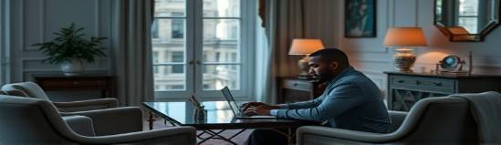 methodical marketing strategy, precise, conducting analysis, photorealistic, quiet study with classic furniture, highly detailed, laptops and financial reports, refined textures, deep hues, soft evening light, shot with a 135mm lens.