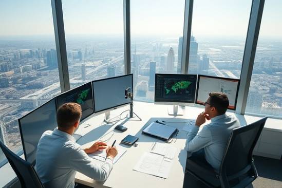 thorough digital overview, meticulous, assessing performance, photorealistic, high-rise office with panoramic views, highly detailed, screens and notes, broad vista, crisp whites, direct sunlight, shot with a 200mm lens.